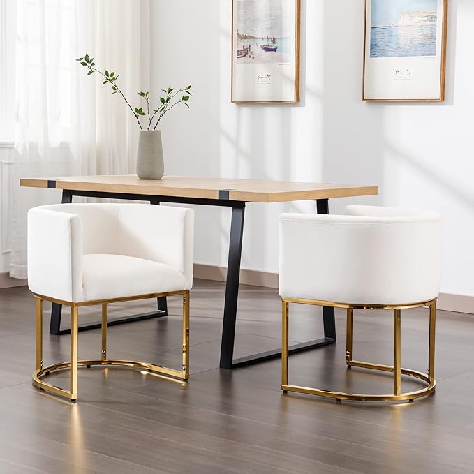 Velvet Dining Chair Modern Barrel Arm Chairs with Golden Frame, Upholstered Kitchen Chairs 18.5" Wide Accent Chair for Living Room Dining Room Restaurant, Beige