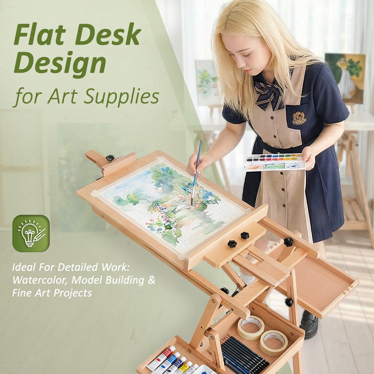 Multi-Function Beech Wood Art Easel for Painting, Flat Desk Easel Stand