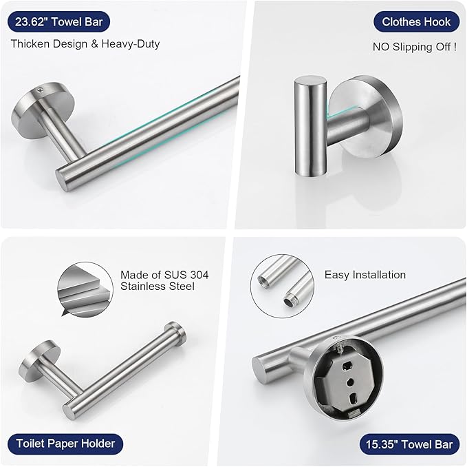 Bathroom Hardware Accessories Set Brushed Nickel Towel Bar Sets Include Double Towel Bars (23.6" and 15.35") Toilet Paper Holder Double Towel Hooks, 5 Pieces Stainless Steel Wall Mounted