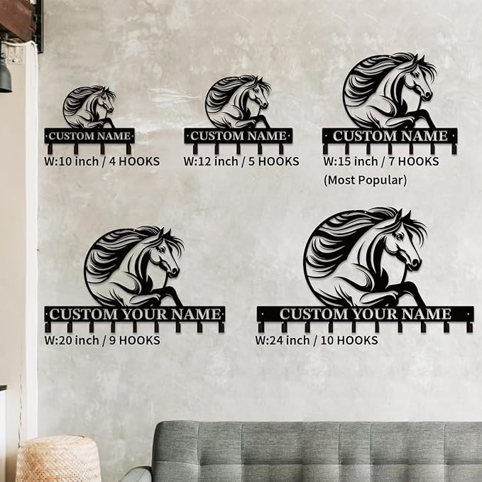 Personalized Custom Name Farm Horse Wall Key Hooks,Metal Horse Art Clothes Hooks,Metal Horse Wall Home Storage Decorative,For Front Door, Hallway, Kitchen, Bedroom,Keys,Hats (Style J)