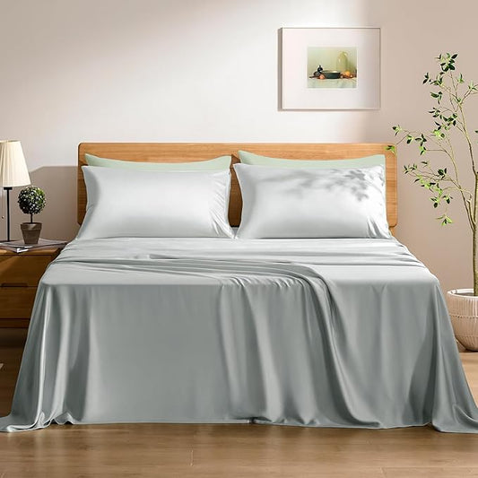 TOSMO Luxury Cooling Sheet Set - 100% Viscose from Bamboo, 3-Piece Bedding Set (Twin Size) - 18” Extra Deep Pockets, Oeko-Tex Certified, Silky Soft and Breathable, Sliver