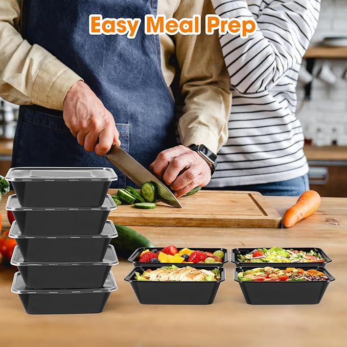 50 pack (100 pieces) 25oz meal prep containers, reusable, easy to open with lid, food safe, suitable for microwave ovens, refrigerators and dishwashers, plastic food storage trays