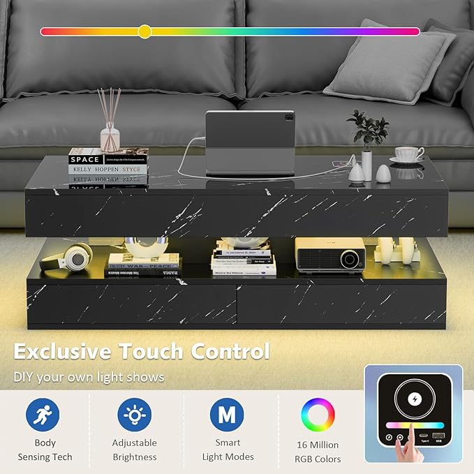 LED Coffee Table, 47.2" Coffee Tables with Storage Drawers, Smart Living Room Table with Wireless Charging & Bluetooth Speaker,Modern Center Tables for Living Room, Black Marble