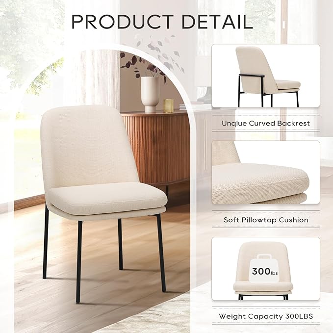 COLAMY Modern Dining Chairs Set of 4, Fabric Upholstered Dining Room Chairs Dinner Chair Stylish Kitchen Chairs with Curved Back and Metal Legs, Beige
