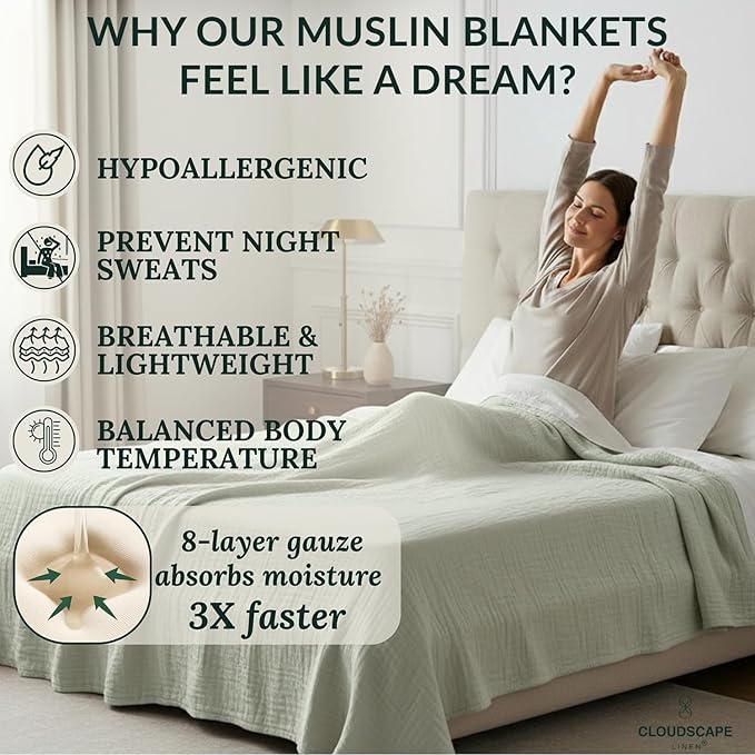 Cloud Scape Linen 8-Layer Muslin Blanket Queen Size - 100% Cotton, Soft and Breathable, Oversized Winter Blanket, Fits up to Full Size Bed, 92x92, Seafoam