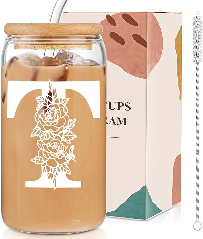 DWTS DANWEITESI Birthday Gifts for Women: Initial Glass Cup as Office Graduation Memorial Holiday Personalized Gifts - for Husband Aunt Uncle Teen Boy Employee Coworkers Him and Her - T Aesthetic Cup