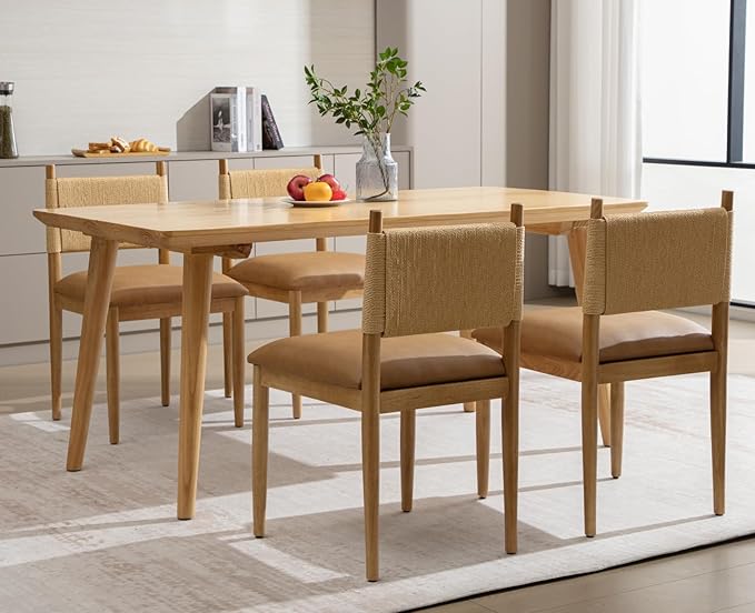 CIMOTA Faux Leather Modern Dining Chairs Set of 2, Mid Century Upholstered Dining Room Chairs with Woven Back, Armless Kitchen Chairs with Natural Solid Wood Legs, PU Brown