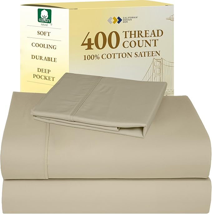 California Design Den Soft Twin Sheets Set - 400 Thread Count Sateen, Natural 100% Cotton Sheets, Deep Pockets, Cooling and Durable Bedding Set for Dorm Rooms & Adults - Beige (Golden Tone)