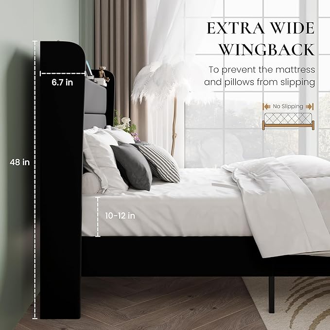 SHA CERLIN Queen Bed Frame with Charging Station, Velvet Upholstered Platform Bed, Wingback Storage Headboard, Type-C & USB Ports, Strong Wooden Slats, No Box Spring Needed, Easy Assembly, Black