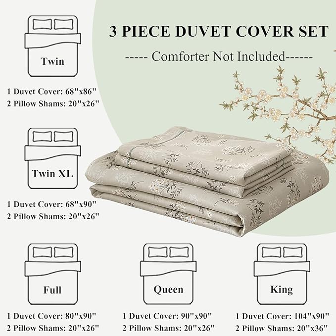 LifeTB Boho Floral Duvet Cover Full Cotton Aesthetic Floral Bedding Sets Full Vintage Garden Floral Comforter Cover Beige Sage Green Floral Botanical Duvet Cover with Zipper Closure 4 Ties