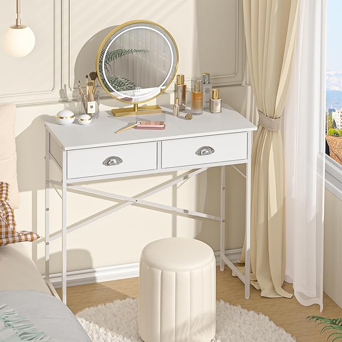 Small Vanity Desk No Mirror for Kids Bedroom, 31.5 Inch Vanity Table with Drawers, Makeup Vanity Desk for Narrow Spaces, White Dreessing Table(No Mirror)