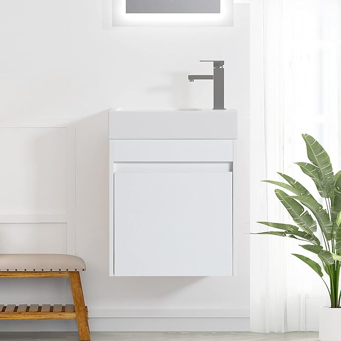 Goujxcy 18" Wall Mounted Bathroom Vanity with Sink, Modern Floating Bathroom Cabinet with White Resin Wash Basin & Storage Cabinet, Soft-Close Door Wood Hanging Bath Room Cabinet