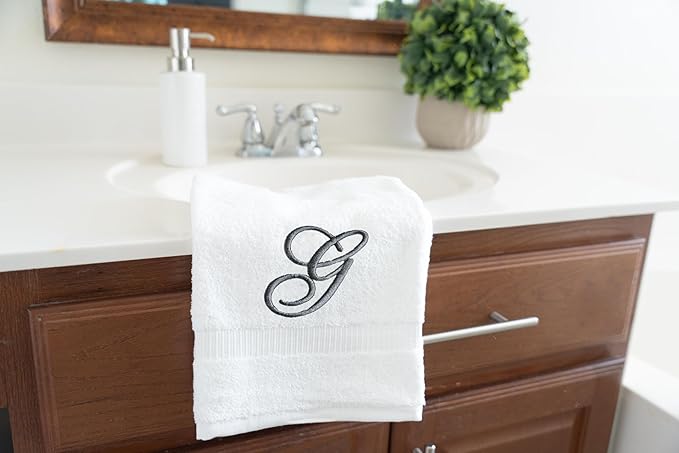 White Monogrammed Hand Towels for Bathroom - Luxury Hotel Quality Personalized Initial Embroidered Towel for Powder Room, Spa - GOTS Organic Certified - Pack of 2 Dark Gray, Letter G