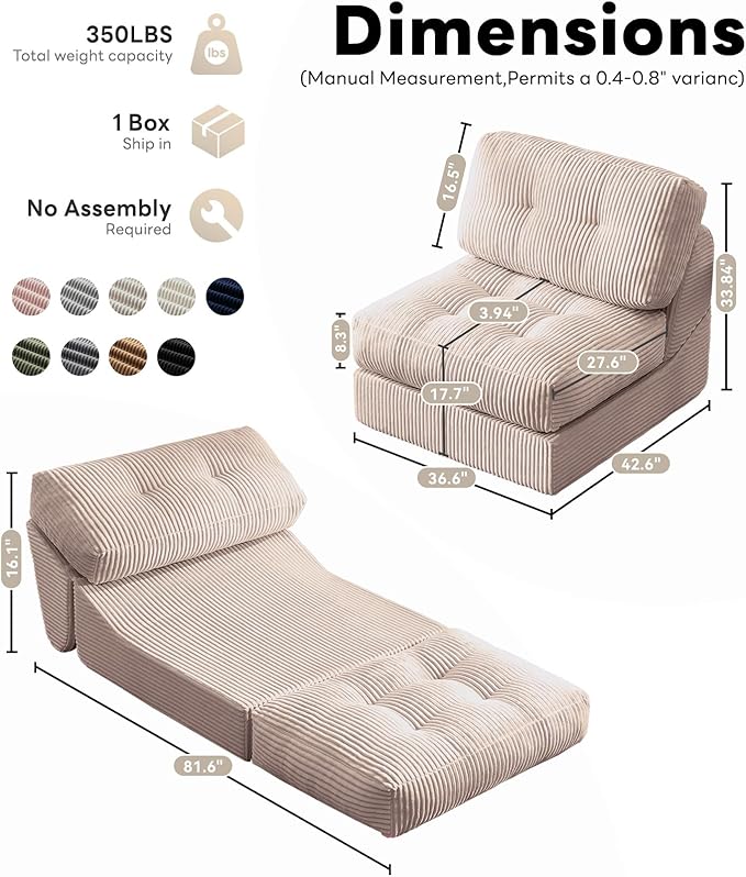 Tbfit 35.8'' Folding Sofa Bed, Convertible Sleeper Chair with Large Pillow, Corduroy Folding Couch Bed, Portable & Foldable Mattress Boneless Floor Sofa Set of 2, Khaki