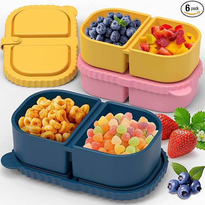6 Pack Reusable Silicone Snack Containers with Lids, Mini Containers 2 Compartments, Portable Silicone Food Storage Box for Picnic, Lunch, Office (6)