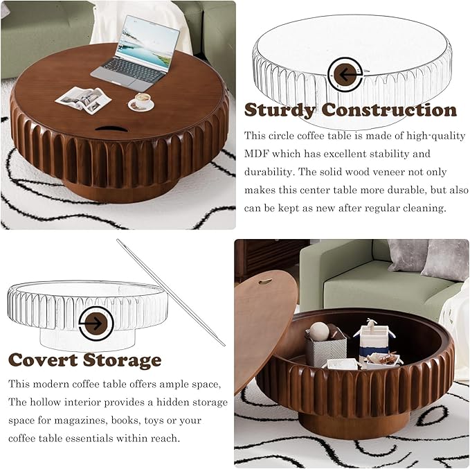 Round Coffee Table with Storage for Living Room, Wood Circle Drum Coffee Table Modern Fluted Center Table Accent Table for Home Office Apartment (Walnut 31.5'')