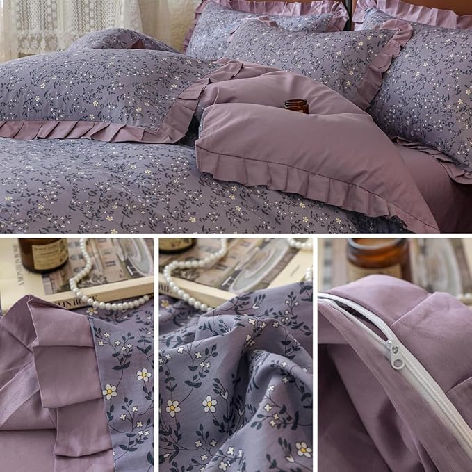 Purple Ruffle Duvet Cover King 100% Cotton Daisy Flower Comforter Cover Boho Cottagecore Bedding Set Vintage Floral Quilt Cover Romantic Ruffle Comforter Cover Botanical Floral Duvet Cover Set King