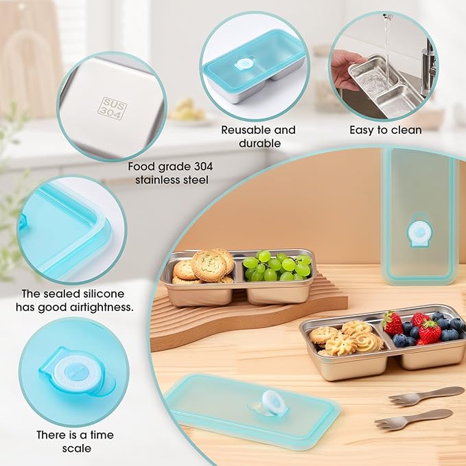 Stainless Steel Snack Containers,Food Storage,2 Compartment,Condiment Containers with Lids,Snack Containers 2 PCS