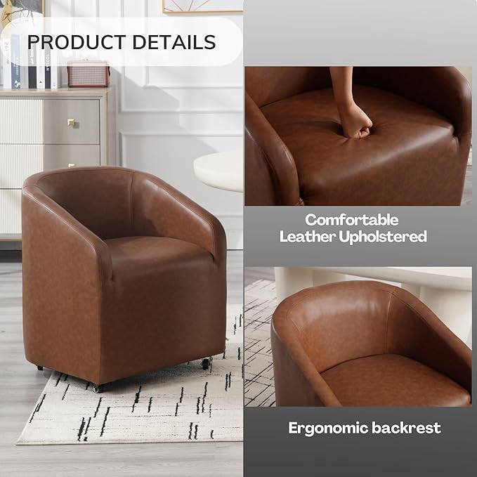 Brown Barrel Dining Chairs Set of 4, Modern Swivel Barrel Chairs with Casters Arms Comfy Faux Leather Upholstered Rolling Dining Chairs with Rollers for Living Room Reading Room Bedroom