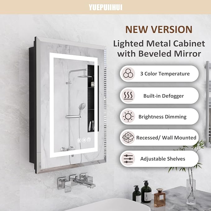 16X24 Inch Bathroom Medicine Cabinet with Mirror, Adjustable 3-Color Brightness Dimming LED Mirror Cabinet Recessed or Wall Mounted, Black Medicine Cabinet with Lights, Defogger