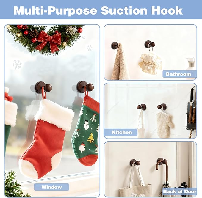 Wreath Hangers for Front Door,Suction Cup Hooks for Shower,Removable No-drill Suction Cup Hook for Door Wreaths/Glass Window/kitchen,Ideal for Holiday/Christmas Door Decoration(2 pcs-4 suction cups)