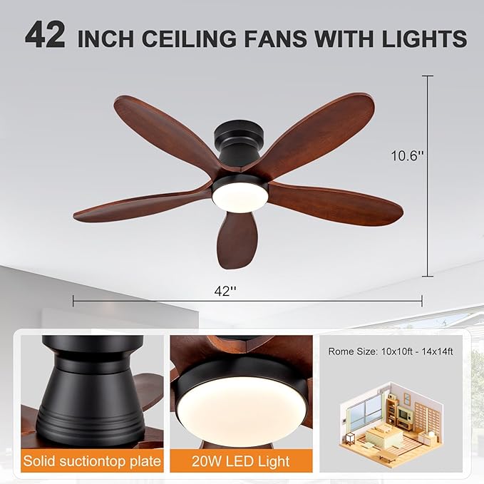 42 Inch Ceiling Fans with Lights and Remote, Low Profile Flush Mount Modern Wood Ceiling Fan with Light, 5 Blades, Wall Switch, Reversible DC Motor, Indoor Outdoor Ceiling Fan