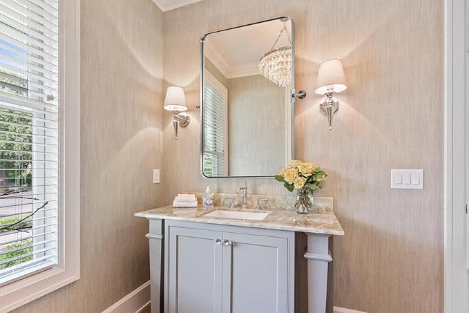ANDY STAR 22"x34" Brushed Nickel Pivot Mirror for Bathroom, Silver Metal Frame Bathroom Mirrors for Wall，Rectangle Titling Vanity Wall Mirror with Rounded Corner Design Hangs Vertically Only