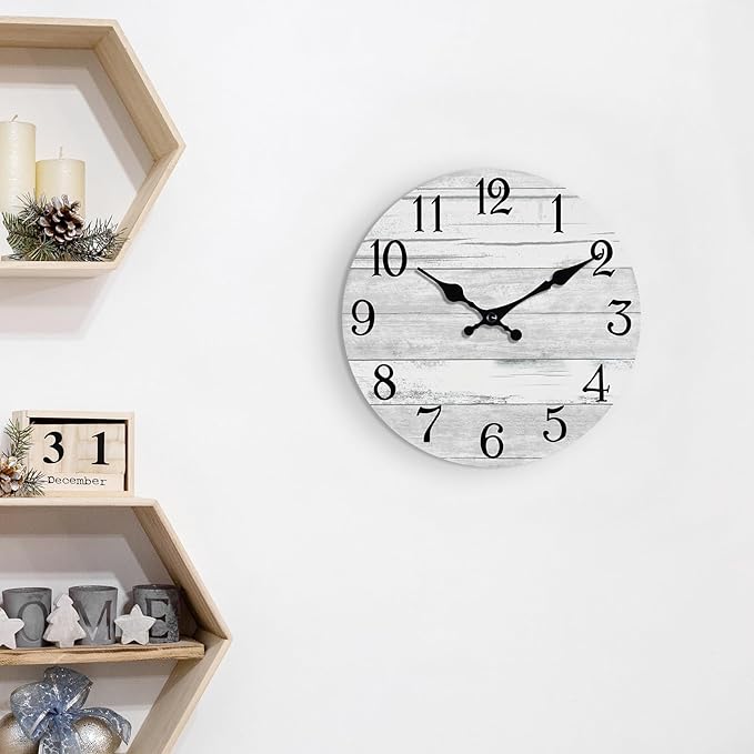 Wall Clock Battery Operated 10 Inch Gray Silent Non Ticking Country Rustic Design Vintage Retro Decorative for Bathroom Kitchen Bedroom