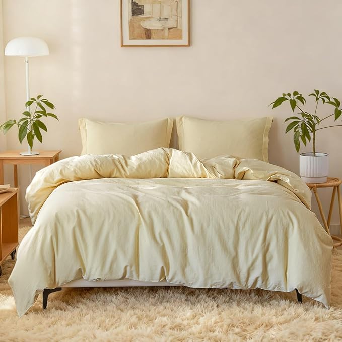 Simple&Opulence French Linen Duvet Cover Set - King Size(104"x 92")- 3 Pieces (1 Comforter Cover,2 Pillowcases)-Natural Flax Cotton Blend-Solid Color Breathable Farmhouse Bedding-Pale Yellow