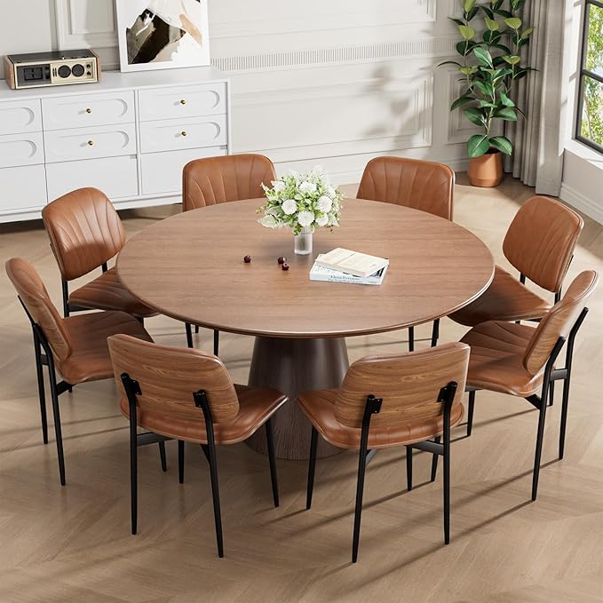 Dining Chairs Set of 4, Mid-Century Modern Upholstered PU Leather Chairs with Walnut Bentwood Back and Metal Legs Adjustable Feet for Kitchen Dining Room, Camel Shell Strips