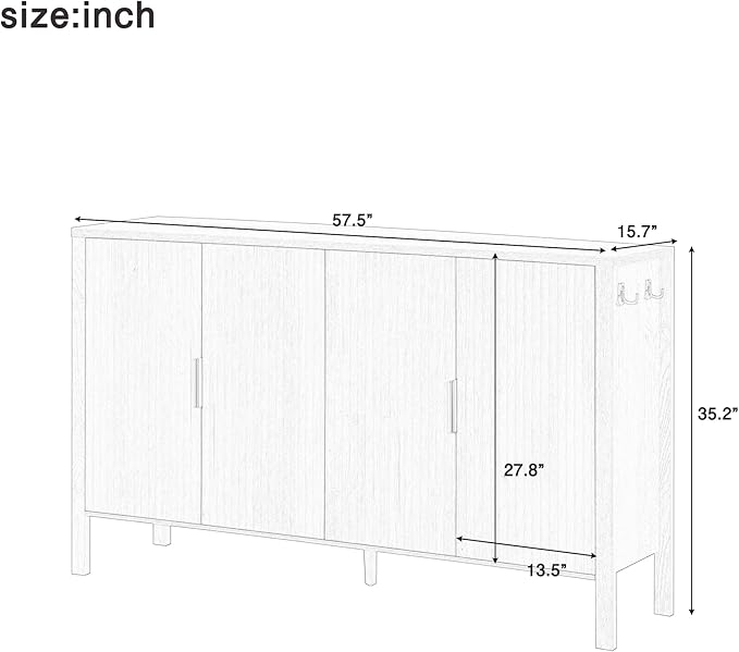 57.5'' Modern Console Table Sofa Table with Storage Racks & Side Hooks, Accent Stripe 4-Door Buffet Sideboard Serving Storage Cabinet with Adjustable Shelves for Living Room Kitchen (White-NEW)