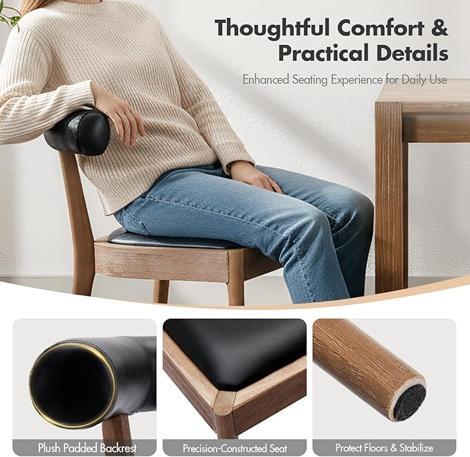 Kmax Dining Room Chairs Mid-Century Modern Leather Kitchen Chairs with Natural Walnut Finished Frame, PU Curved Back, Set of 6, PU Black