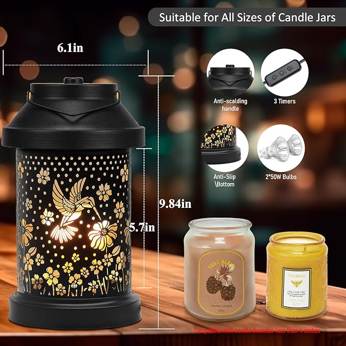 Dialan's Candle Warmer Lamp with Timer - Electric Candle Wax Melt Warmer with Dimmer for Scented Wax Jar Candles Home Decor Bedside Candle Lamp Gifts for Women Mom (Hummingbird, 2 Bulbs Included)