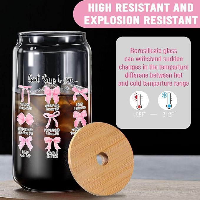 God Says I Am Inspirational Tumbler, Coquette Pink 16oz Glass with Lid and Straw, Gift Set with Cleaning Brush, Uplifting Present for Christian Women, One Piece