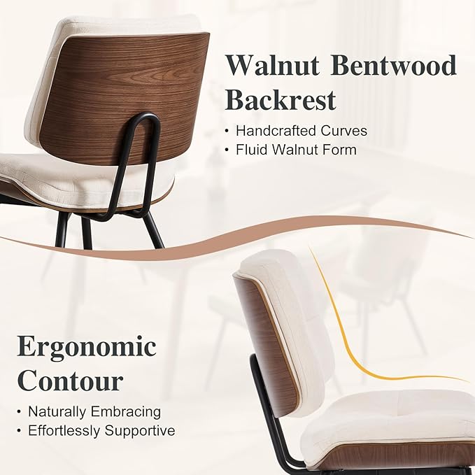 Dining Chairs Set of 2,Mid Century Modern Kitchen Chairs with Walnut Bentwood Back and Metal Legs,Upholstered Fabric Dining Room Chairs for Kitchen, Living Room,Beige