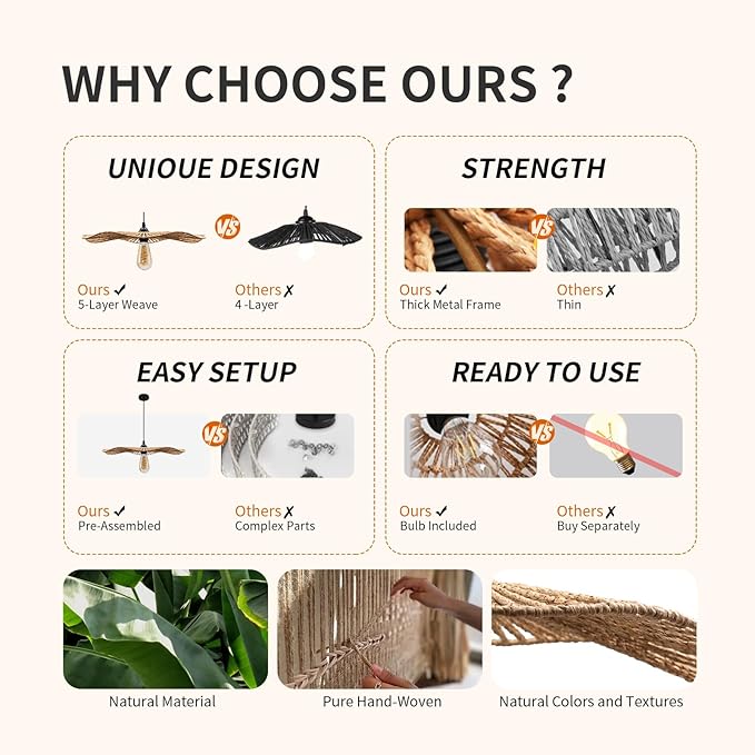 15''Natural Rattan Chandelier Pendant Light-Farmhouse Boho Rattan Pendant Lights with Included E27 Bulb, 120V Wicker Pendant Lights for Dining Room Kitchen Island Bedroom Living Room