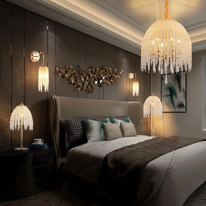 Vintage Style Floor Standing Lamp, Waterfall Design with Grape-Shaped Tall Gold Pole Light, Modern Dimmable Crystals Standing Lamps (Gold + Iron-6)
