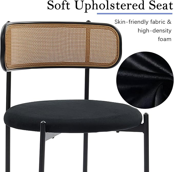 Rattan Dining Chairs Set of 2, Mid Century Modern Dining Chairs with Cane Back and Boucle Upholstered Seat, Farmhouse Kitchen Chairs for Dining Room and Living Room, Black