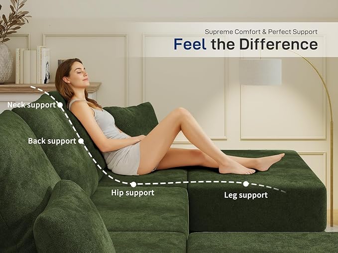 Living&Giving 128" U-Shaped Cloud Sectional Couch for Living Room, Cloud Boneless Couch-No Assembly with Reversible Chaise, Customizable 4-Seat Modular Sectional Sofa with 3 Ottoman, Green