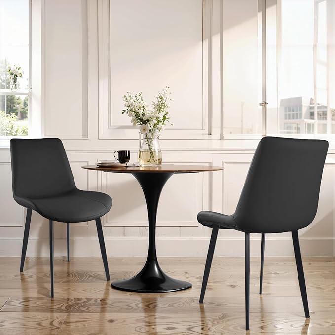 Dining Chairs, Modern PU Leather Dining Room Chair with Sturdy Metal Legs, Upholstered Seat Dinner Chairs Accent Side Chairs for Indoor Kitchen Living Room (Black, Set of 2)