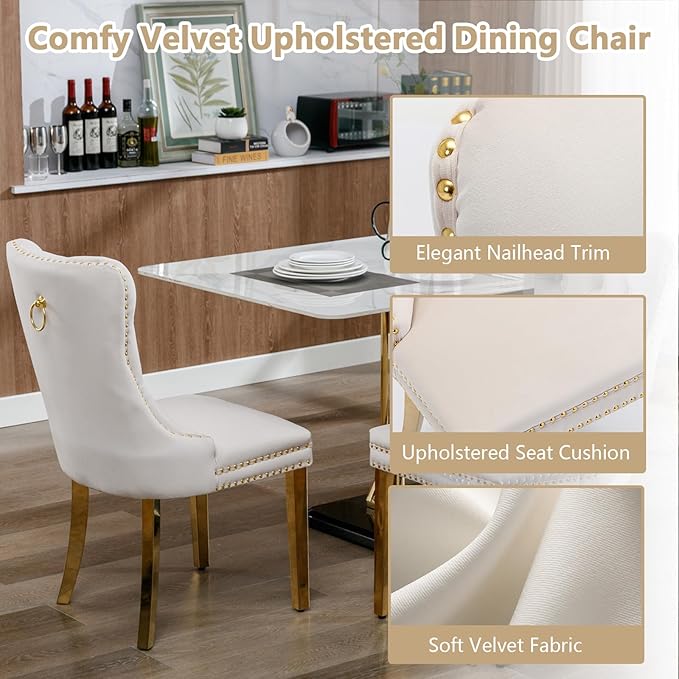 Goujxcy 7 Piece Glass Dining Table Set Modern Glass Dining Table Set for 6, 61" Rectangular Gold Kitchen Table and 6 Velvet Upholstered Chairs, Gold Table & Beige Chair