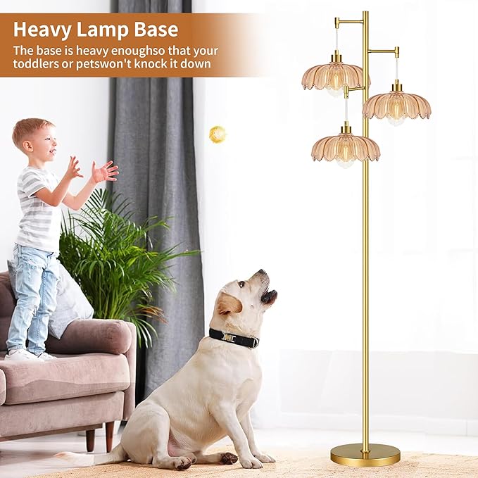Gold Floor Lamps for Living Room 3 Lights Floor Lamp with Glass Lampshape & Three Led Bulb,Mid Century Standing Lamp Vintage Brass Tall Lamp Tree Floor Lamp for Bedroom Corner