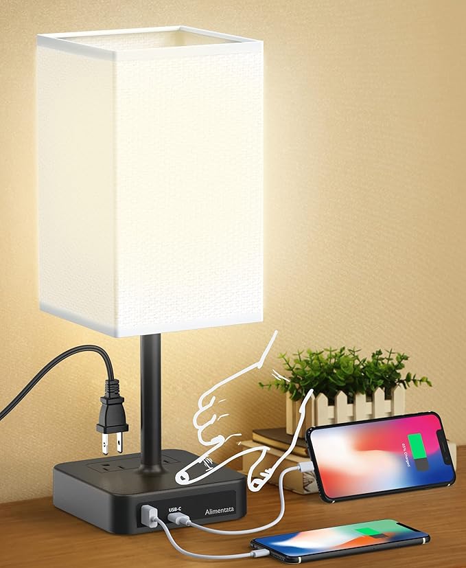 Bedside Table Lamp with Touch Control & USB C+A Charging Ports LED Desk Lamp with 2 AC Outlets, Minimalist Nightstand Light with Black Fabric Shade for Bedroom, Living Room, Office, White