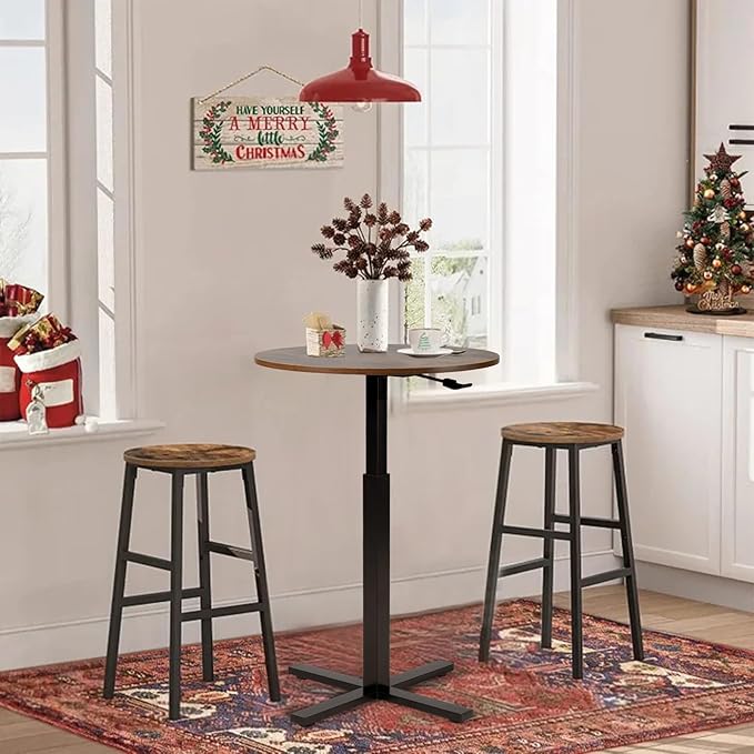Bar Table,Round Dining Table with Height Adjustment,23.8-Inch Top, 41 Inch Adjustable Range, Comes with 4 Wheels, Ideal for Small Bar & Café, Rustic Brown
