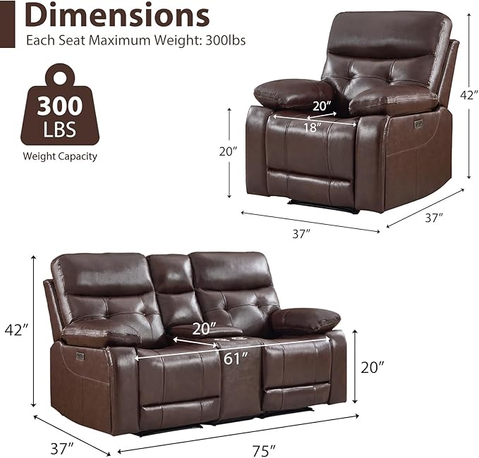CANMOV Genuine Leather Power Recliner Sofa Set, Power Recliner Chair and Loveseat Set, 2 Pieces Leather Couch with Storage Console, USB Ports, Cup Holders for Living Room,Dark Brown