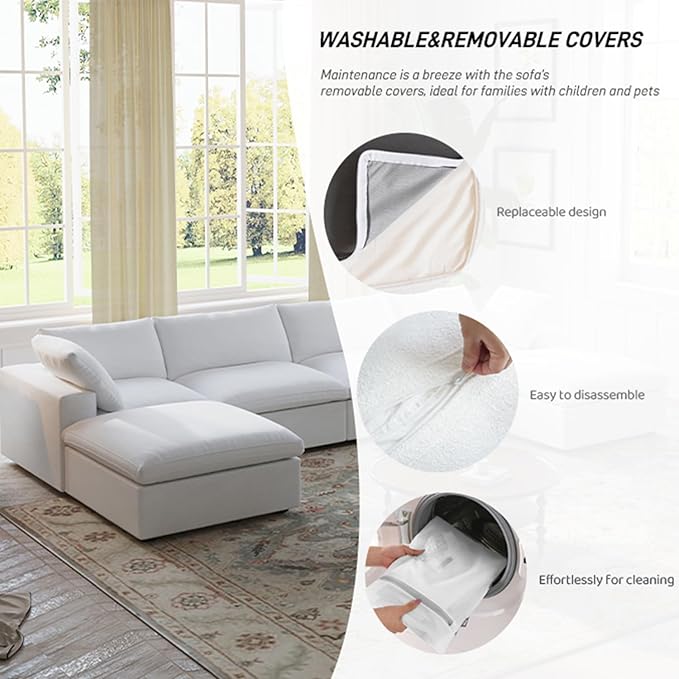 WJShome 120" Cloud Couch Sectional for Living Room, L Shape Down Filled Modular Sectional Sofa,Convertible Couch with Ottoman, Sofa Covers Washable&Replaceable,White