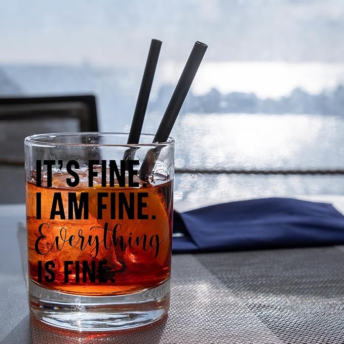 Everything is Fine Funny Old Fashioned Whiskey Glasses, Inspirational Gifts for Friend, Sarcastic Coworker Gifts 10 oz Rocks Barware Cup for Cocktail Drinks Scotch Bourbon Liquor
