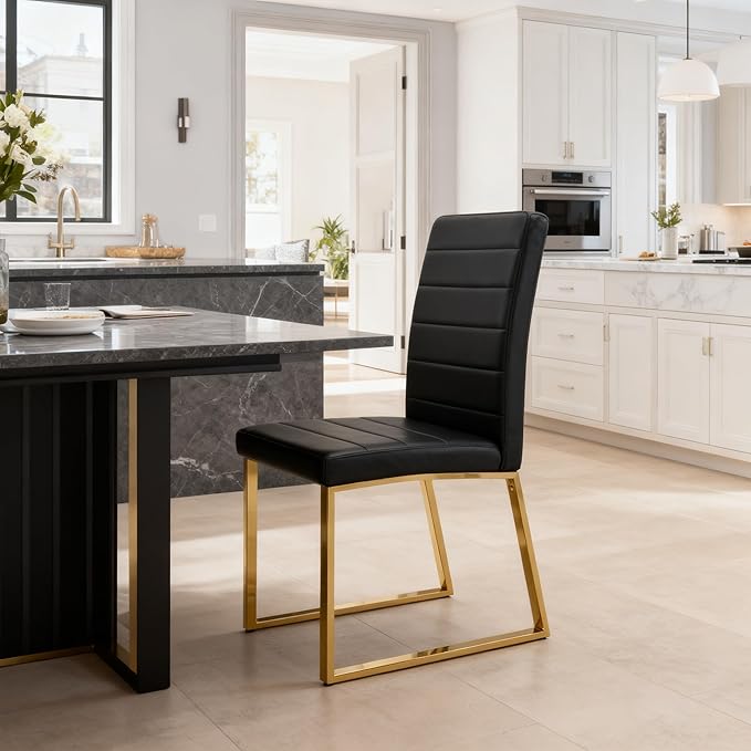 Modern Dining Chairs Set of 4, White Faux Leather Kitchen Chairs, Upholstered Armless Dining Room Chair with Gold Mental Legs Heavy Duty, Comfortable (Black and Gold, Set of 4)