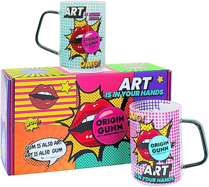 Origin Gunn 17oz Glass Coffee Mugs Set of 2 – Pop Art colorful design, borosilicate glass lightweight cups – dishwasher safe, large coffee mugs gift-ready box for coffee lovers