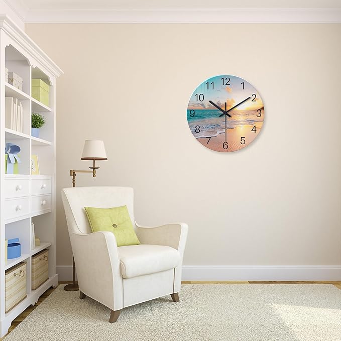 Blue Wall Clock Silent Glass Beach Wall Clock for Living Room Large Wall Clocks Battery Operated 20 Inch